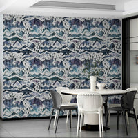 Blue and mauve mountain mural with a serene landscape view.

