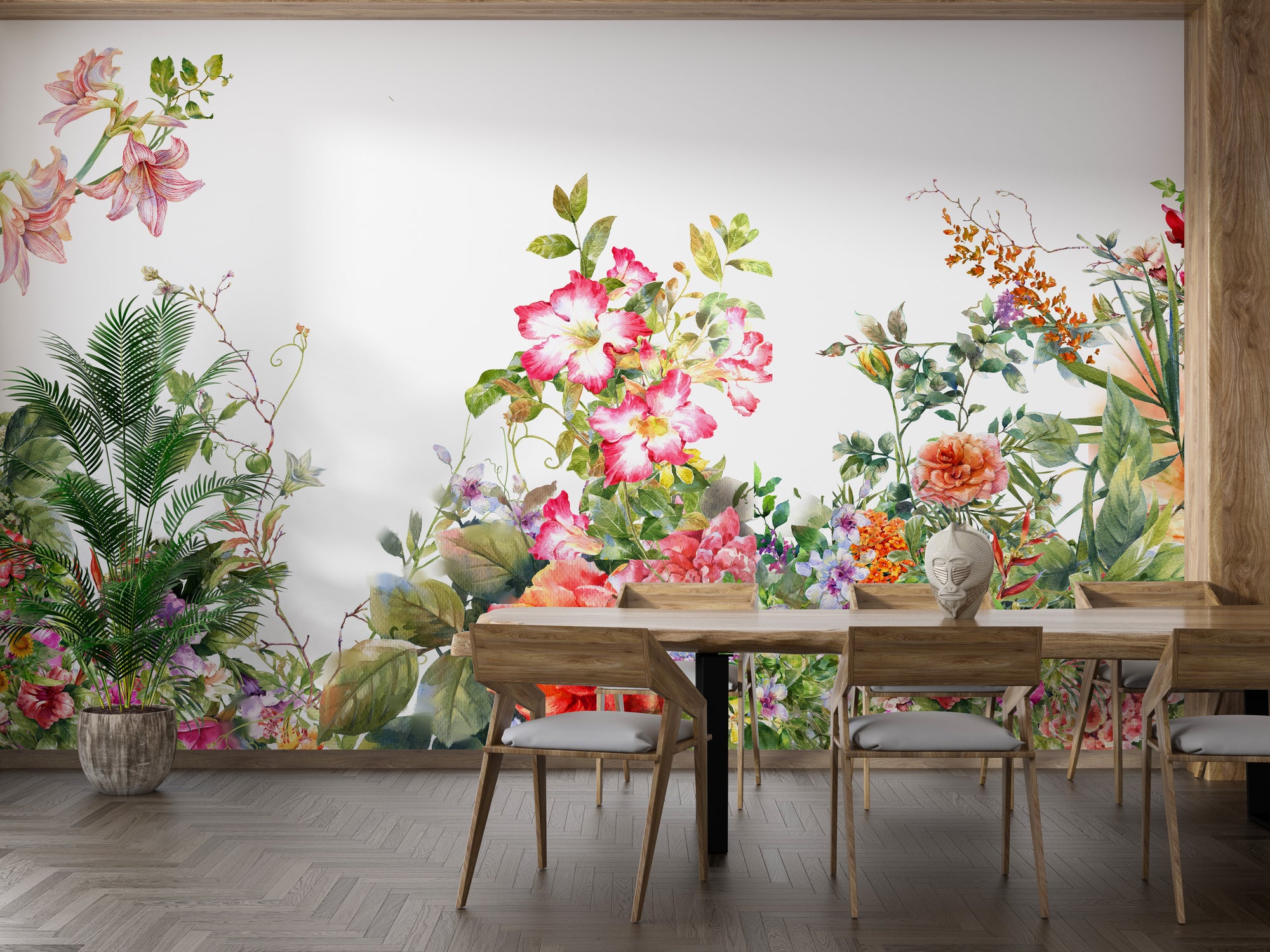 Watercolor Painting Leaves & flower wallpaper with pink and red blooms behind a wooden dining table and chairs