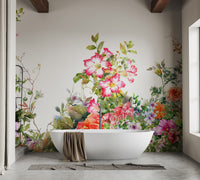Watercolor flower mural with vibrant leaves and blooms.