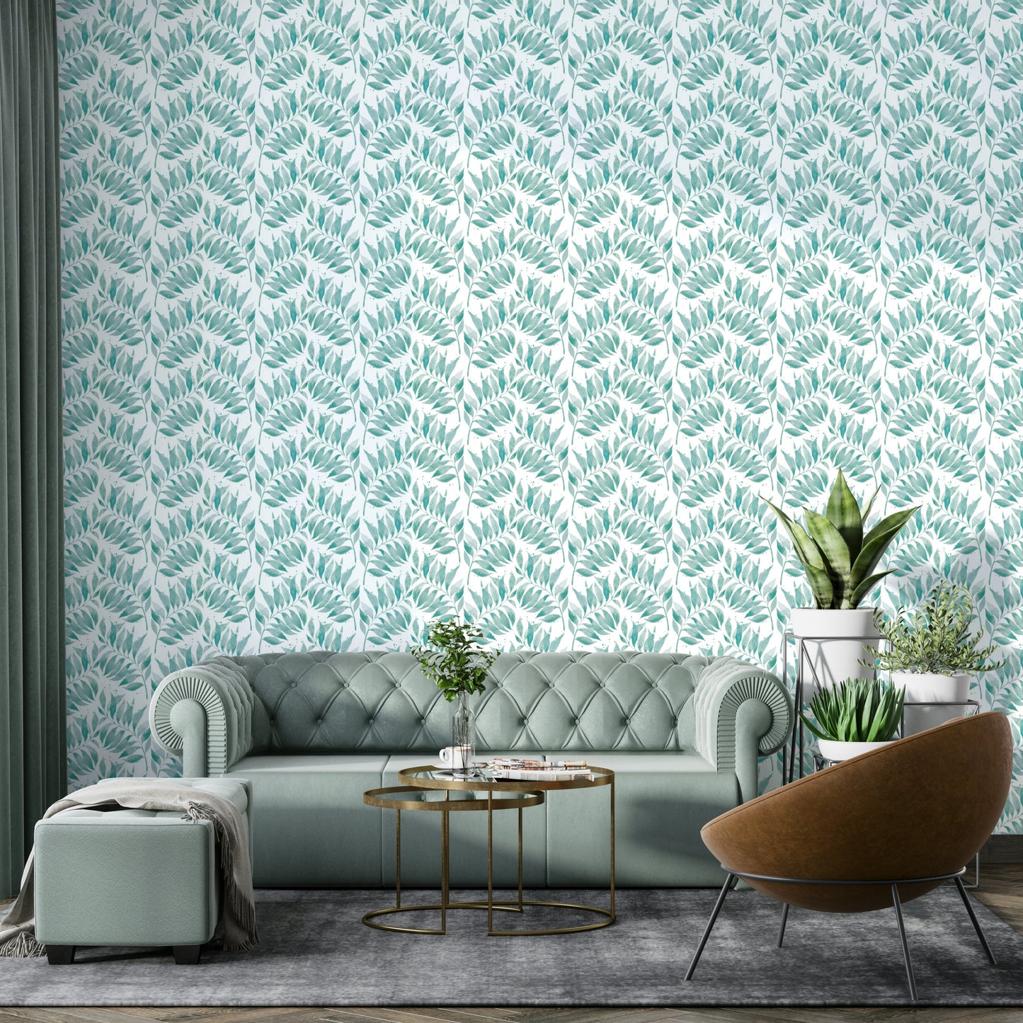 Textured Watercolor Palm Leaf Aqua Wallpaper⁠