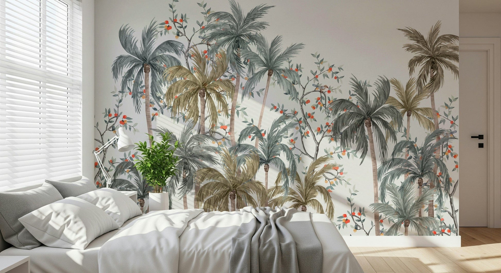 Coastal style bathroom with moisture resistant palm leaf mural.