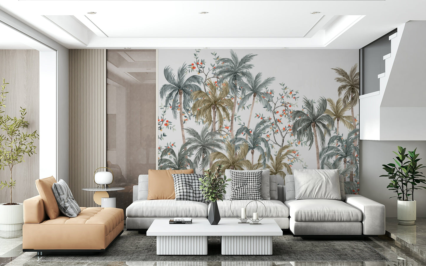 Soft green botanical wall decor for a contemporary dining area.
