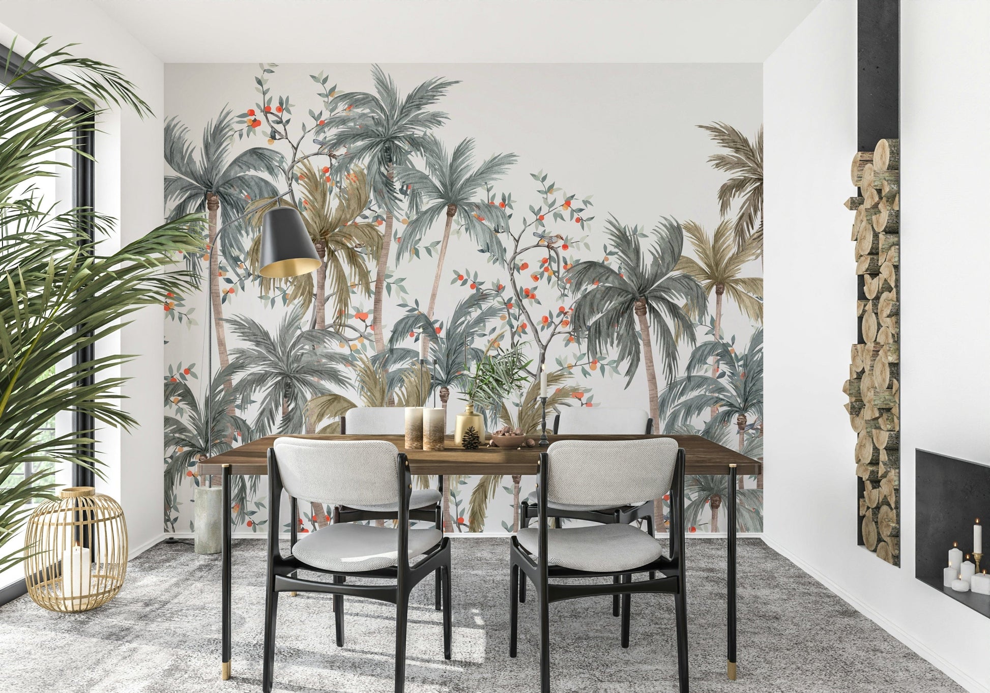 Watercolor Palms Wall Mural in a modern living room with a tan leather sofa.