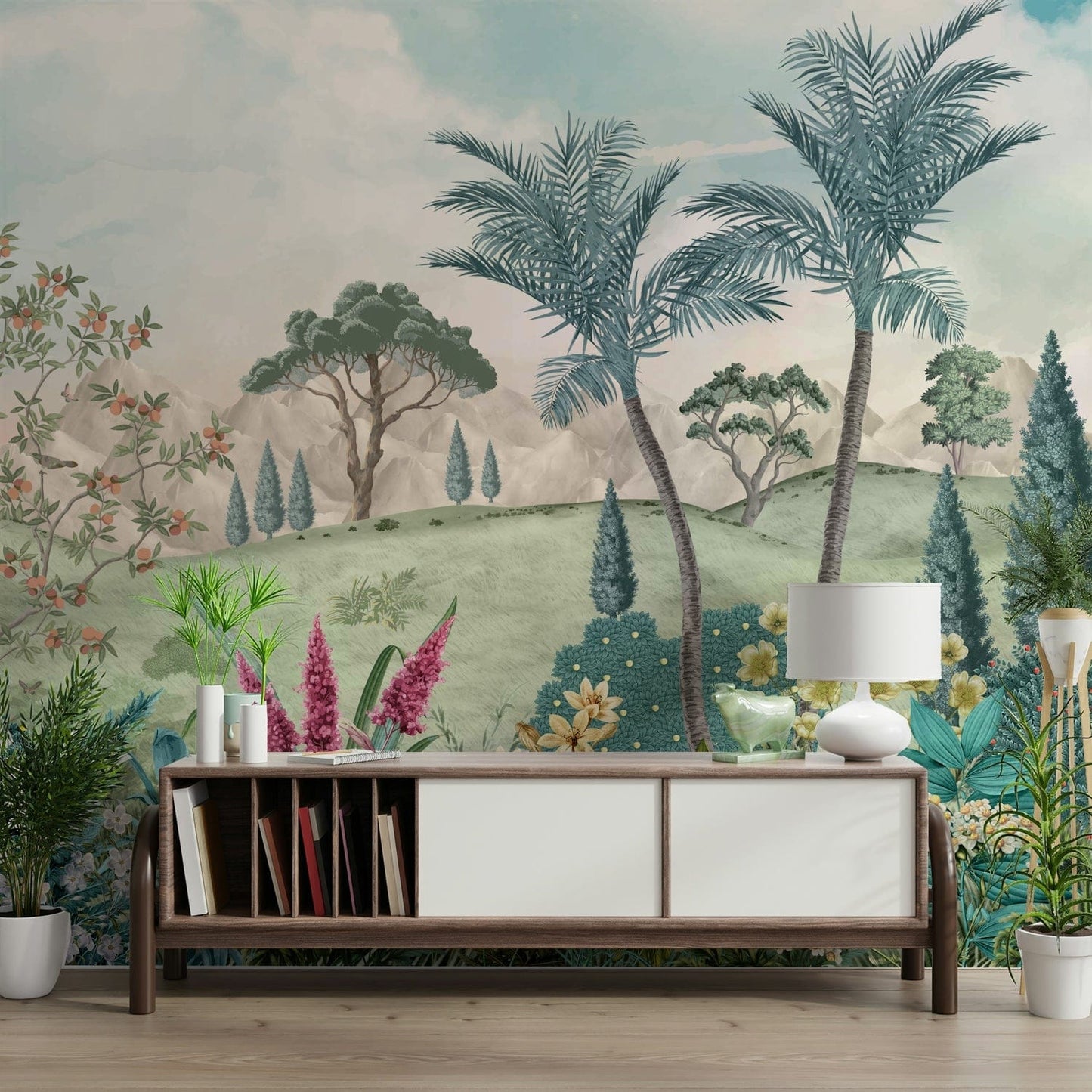 The design features a repeating pattern of soft, graceful palm leaves.

