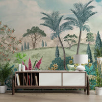 The design features a repeating pattern of soft, graceful palm leaves.

