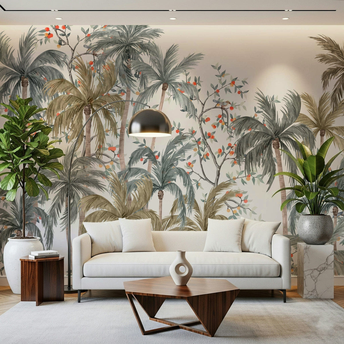 Tropical foliage pattern for a serene master bedroom headboard wall.