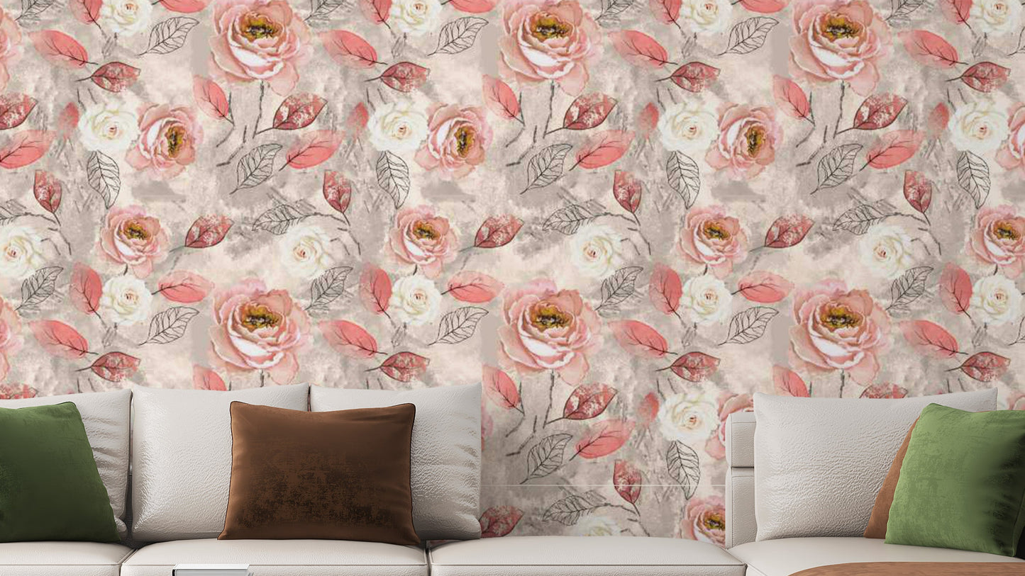 Pink flower wall mural featuring watercolor-style roses.