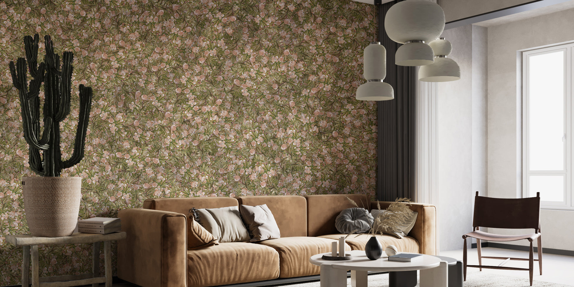 Artistic mural showcasing pink flowers and green leaves design
