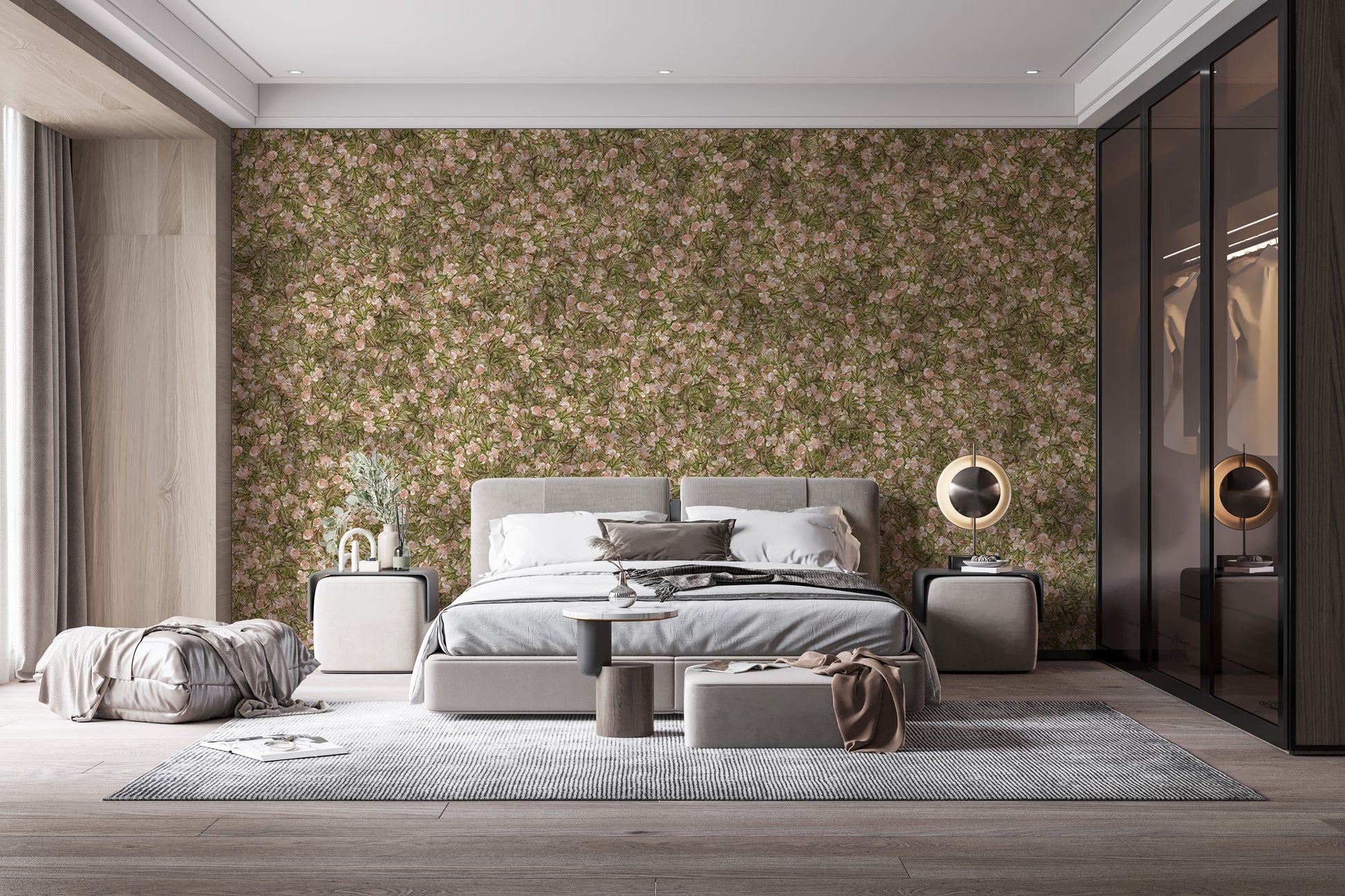 Floral wallpaper with watercolor pink blooms and green foliage
