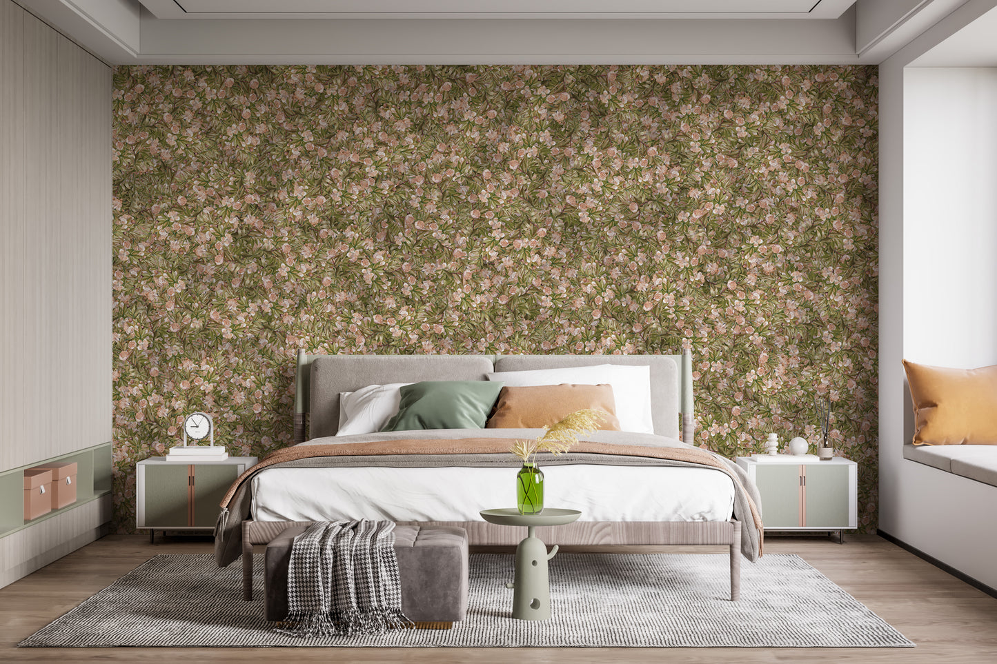Green leaf and pink flower mural adds charm to walls
