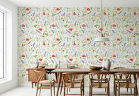 Watercolor Poppies Meadow wall mural red yellow purple bloom accent.