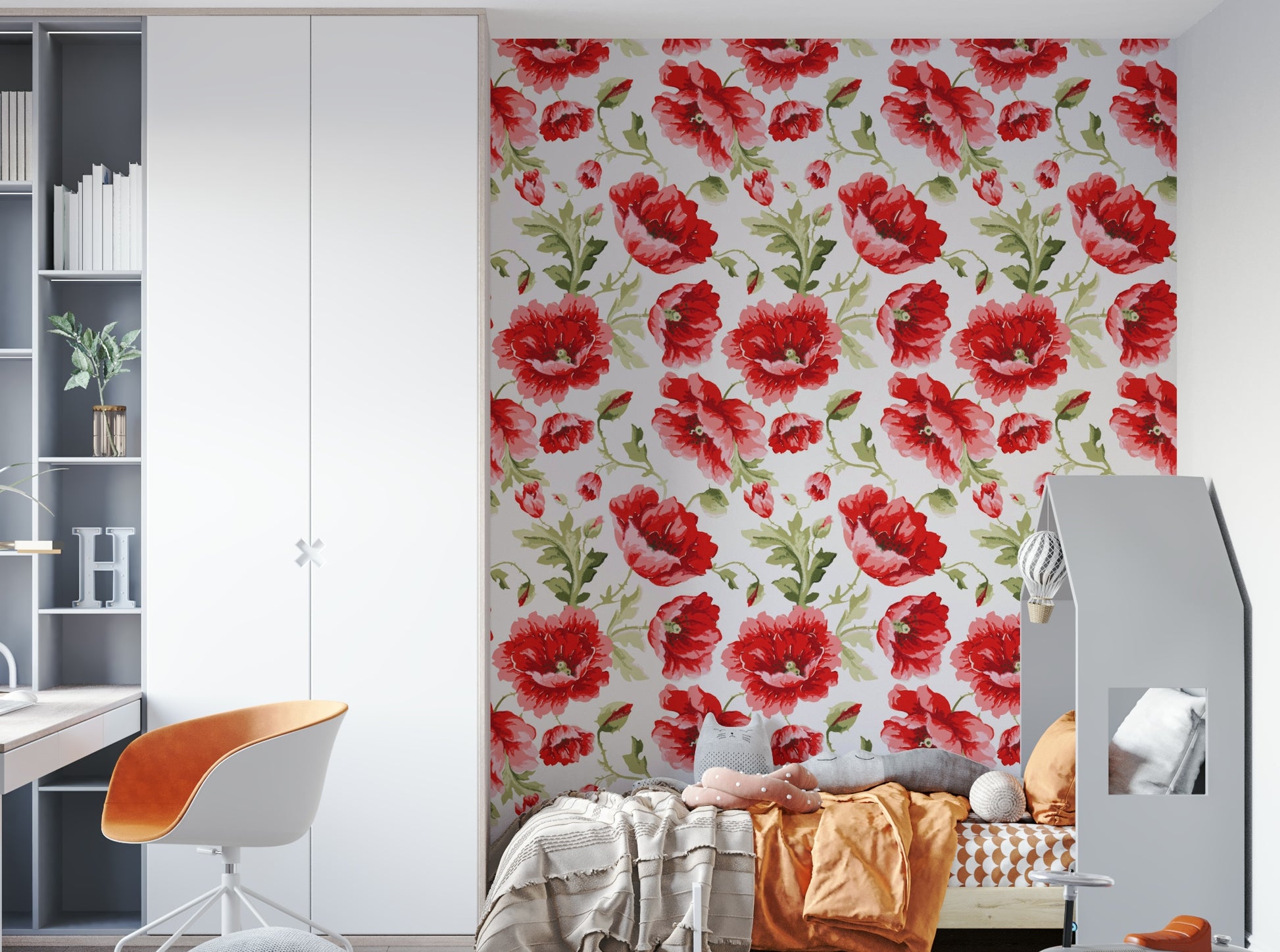 Gentle floral wallpaper featuring airy poppies and fine stems.

