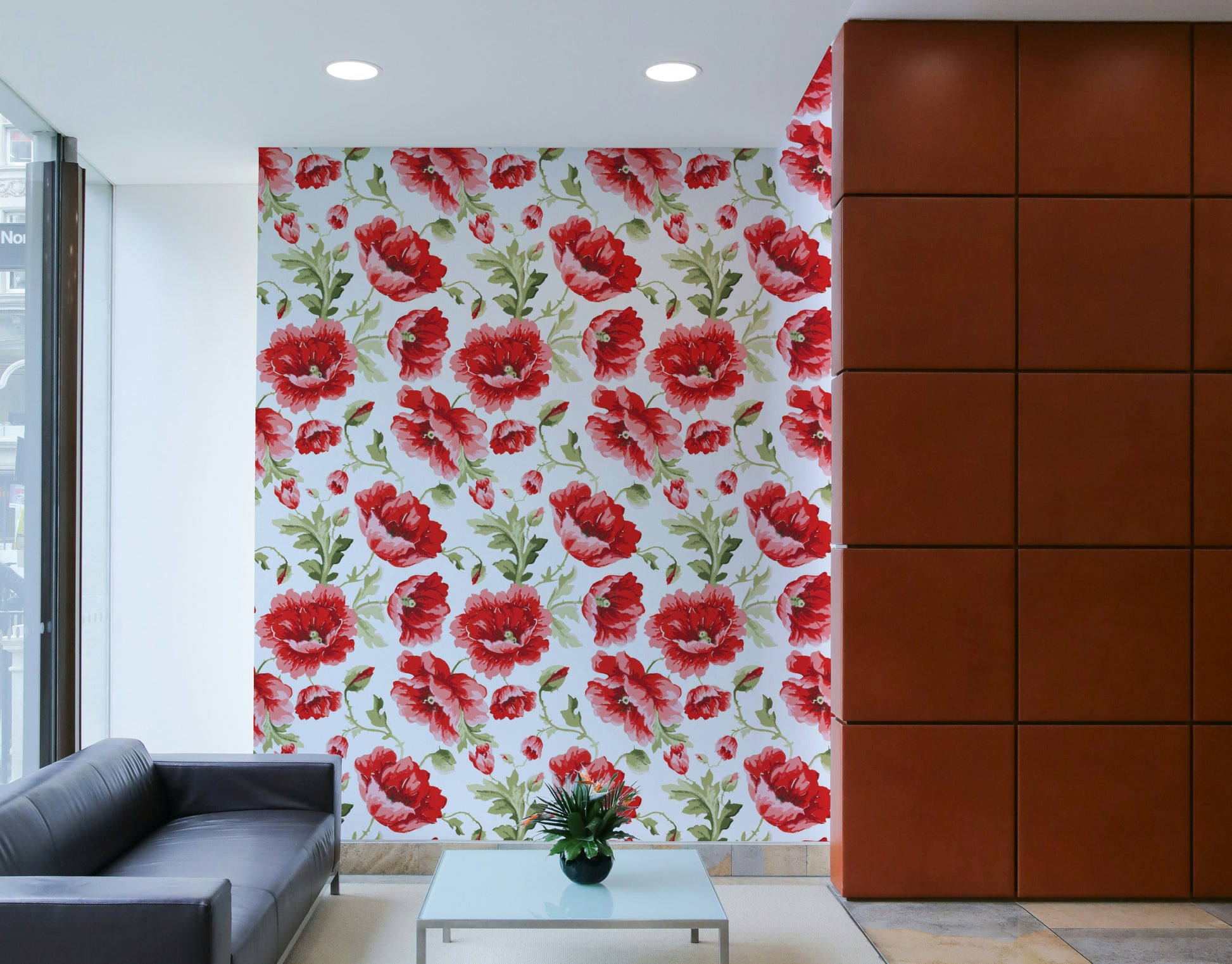 Artistic poppy wall mural on a light neutral background.

