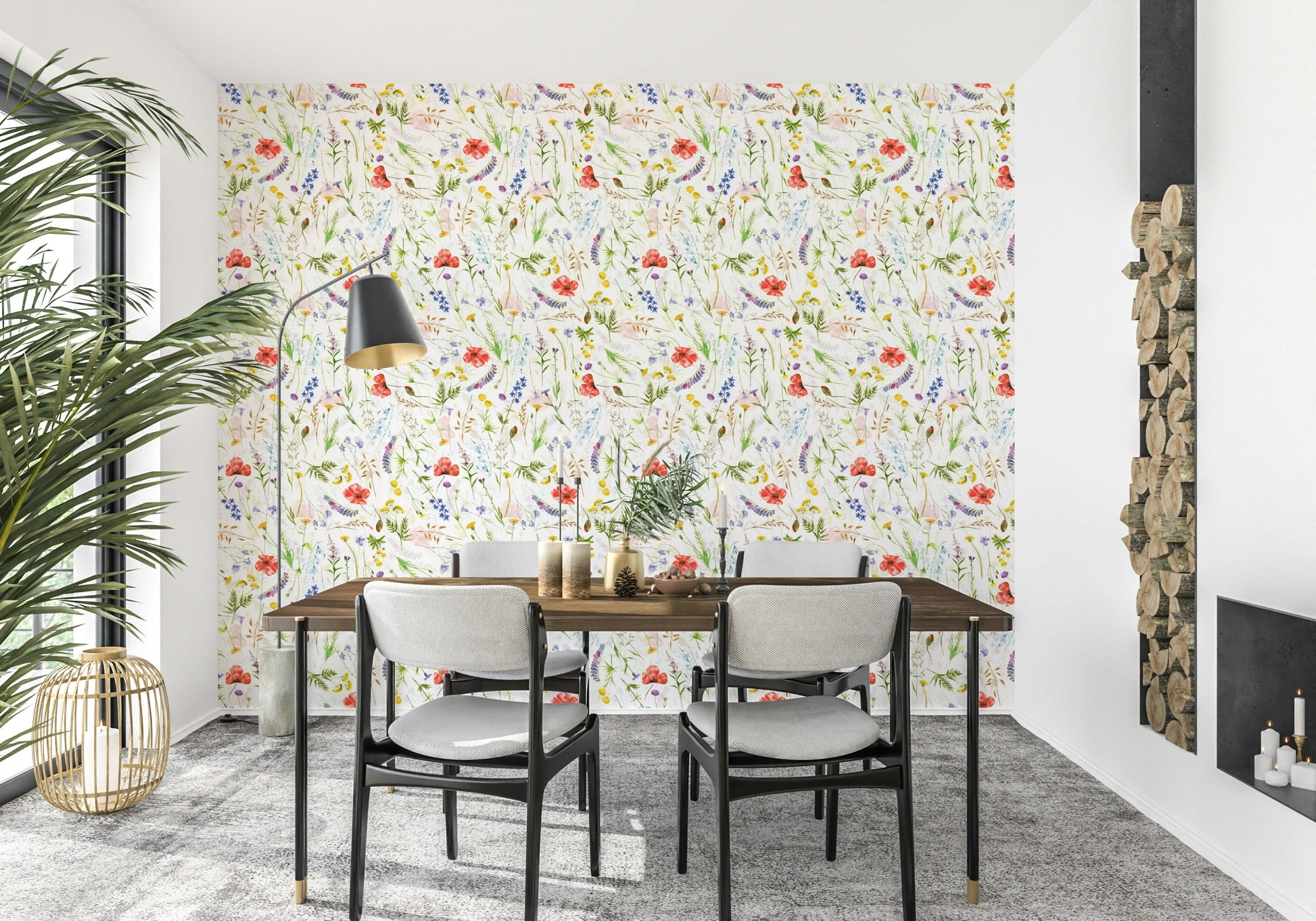 Whimsical meadow print wallpaper for walls detailed painting style.