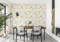 Whimsical meadow print wallpaper for walls detailed painting style.