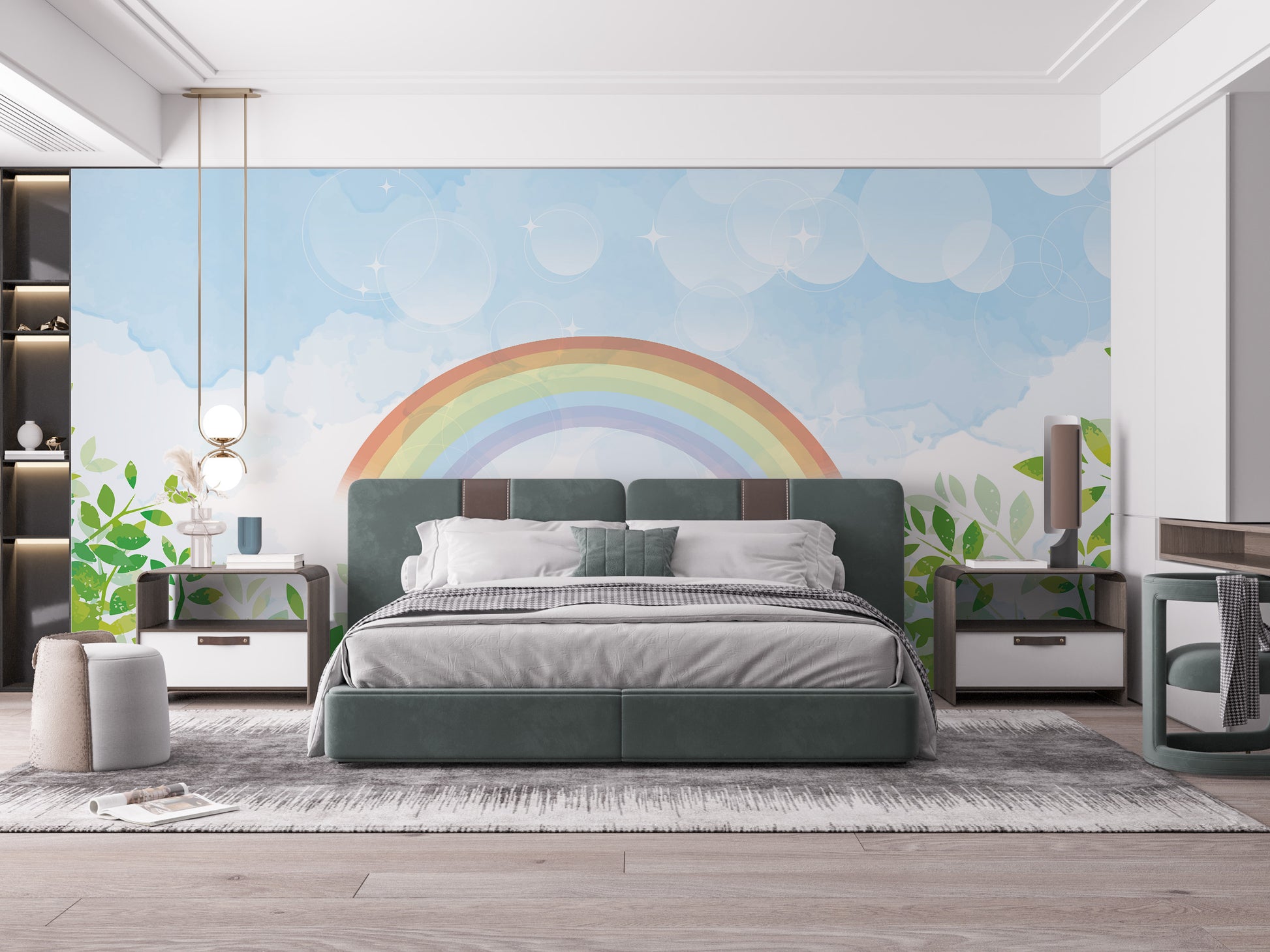 Blue and green watercolor rainbow mural