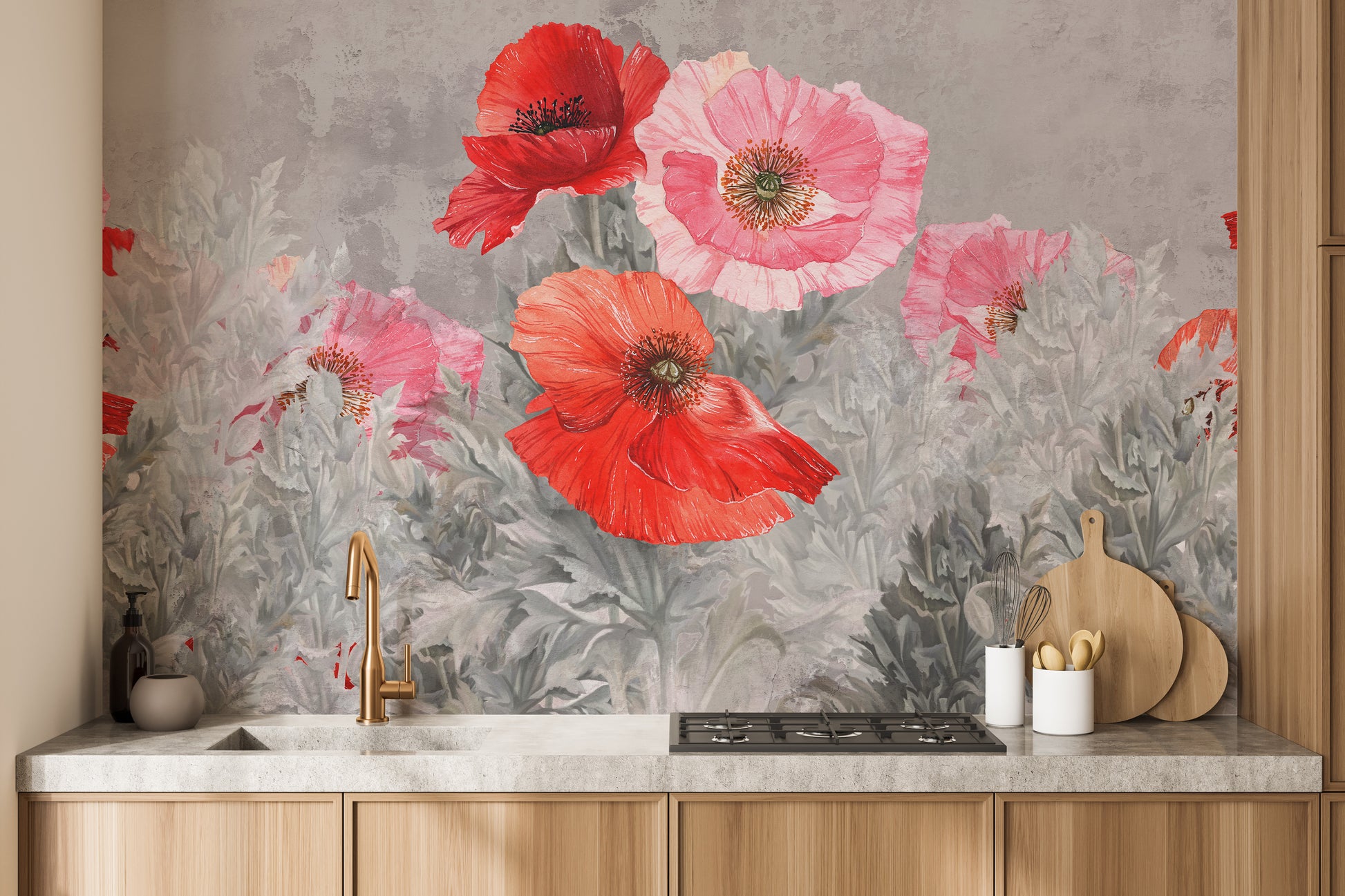 Watercolor Red and Pink Flower poppy wallpaper above wood kitchen cabinets with a brass faucet and gas cooktop