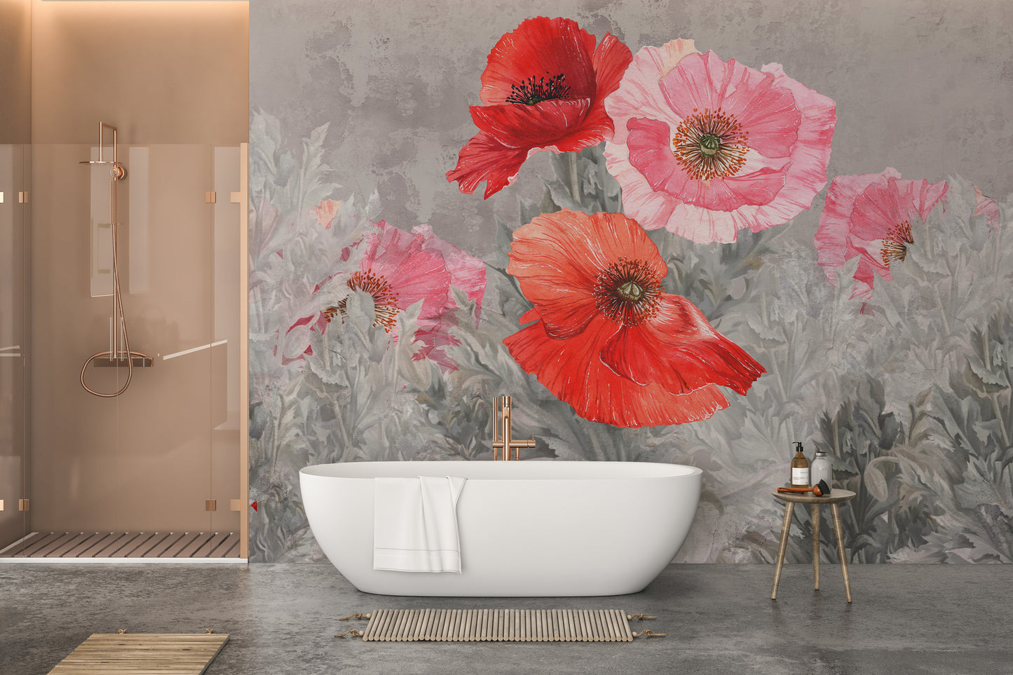 Watercolor Red and Pink Flower poppy wallpaper behind a white freestanding bathtub and copper shower in a bathroom