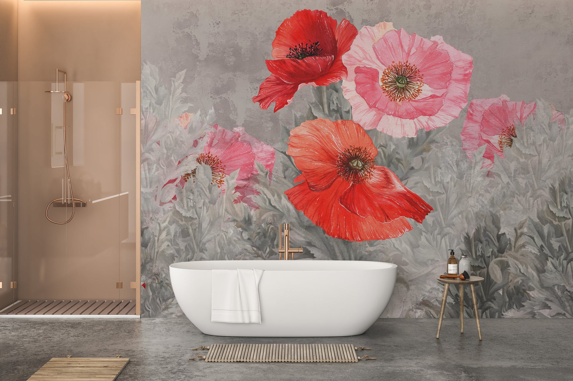 Watercolor Red and Pink Flower poppy wallpaper behind a white freestanding bathtub and copper shower in a bathroom