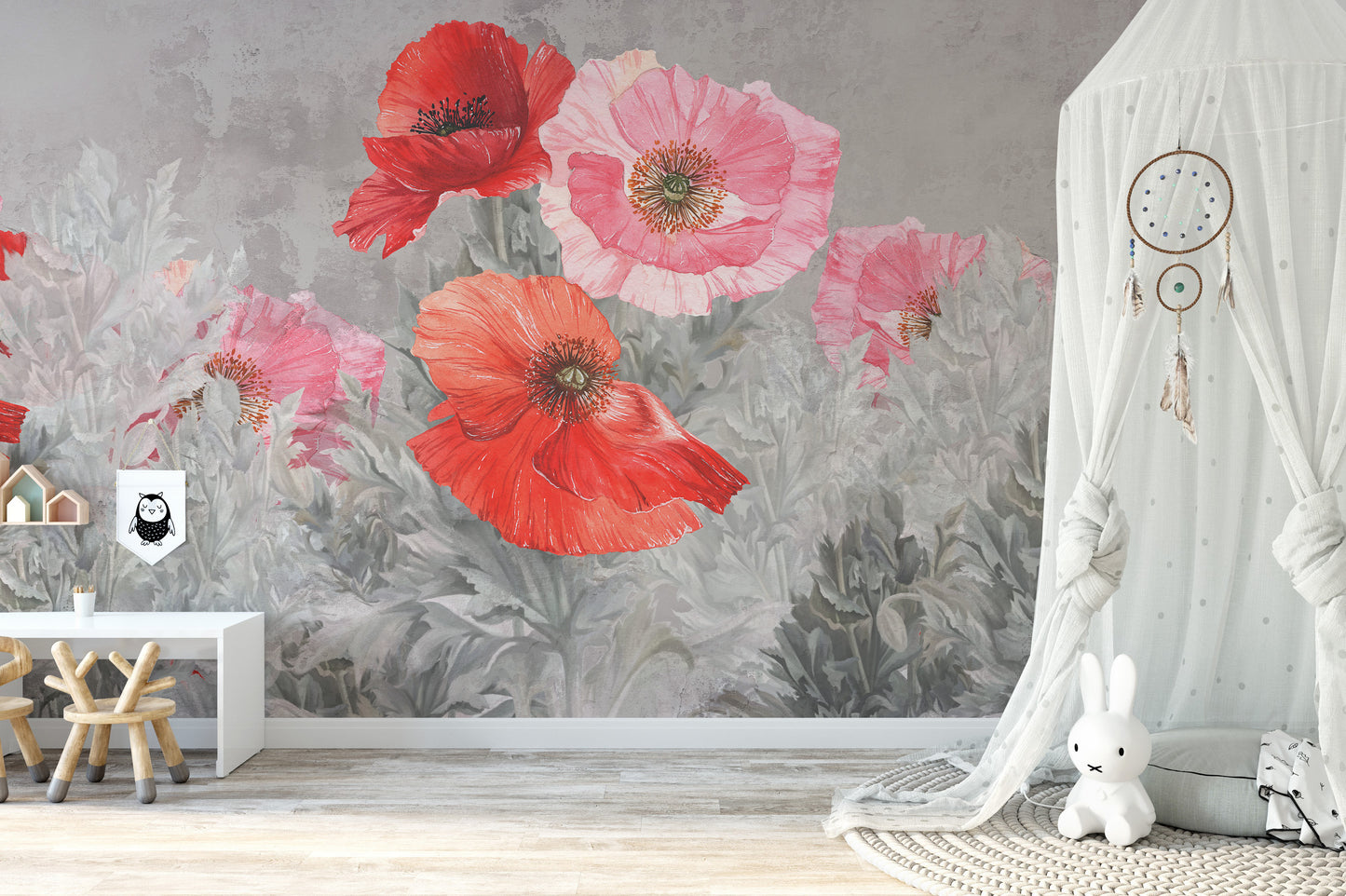 Watercolor Red and Pink Flower poppy wallpaper in a nursery with a white canopy tent, dreamcatcher and bunny toy