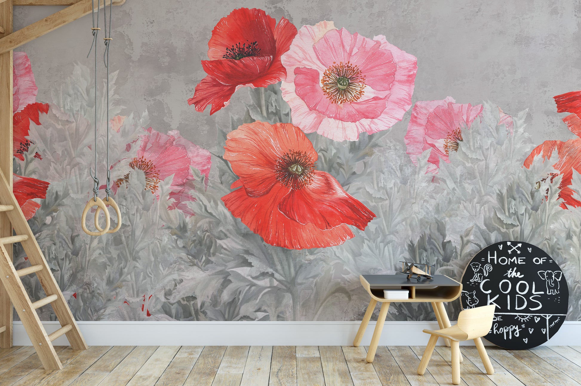 Watercolor Red and Pink Flower wallpaper of poppies on grey behind a kids loft-bed ladder, gym rings and play table