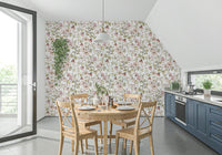 Soft pink Watercolor Rose Garden mural leaves rose hips