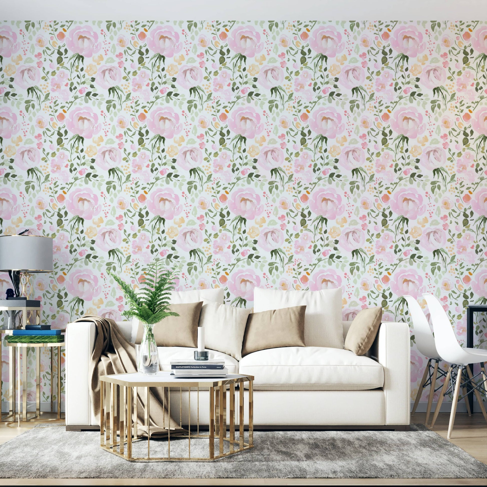 A graceful subtle bloom wall mural in soft, romantic tones.

