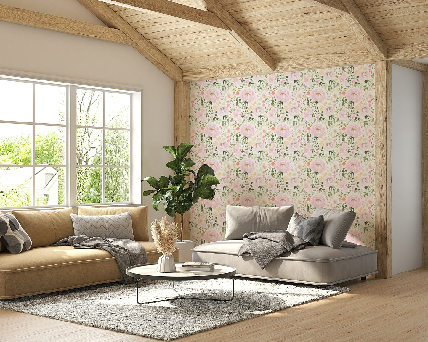 An artistic flower pattern mural on minimalist wallpaper.

