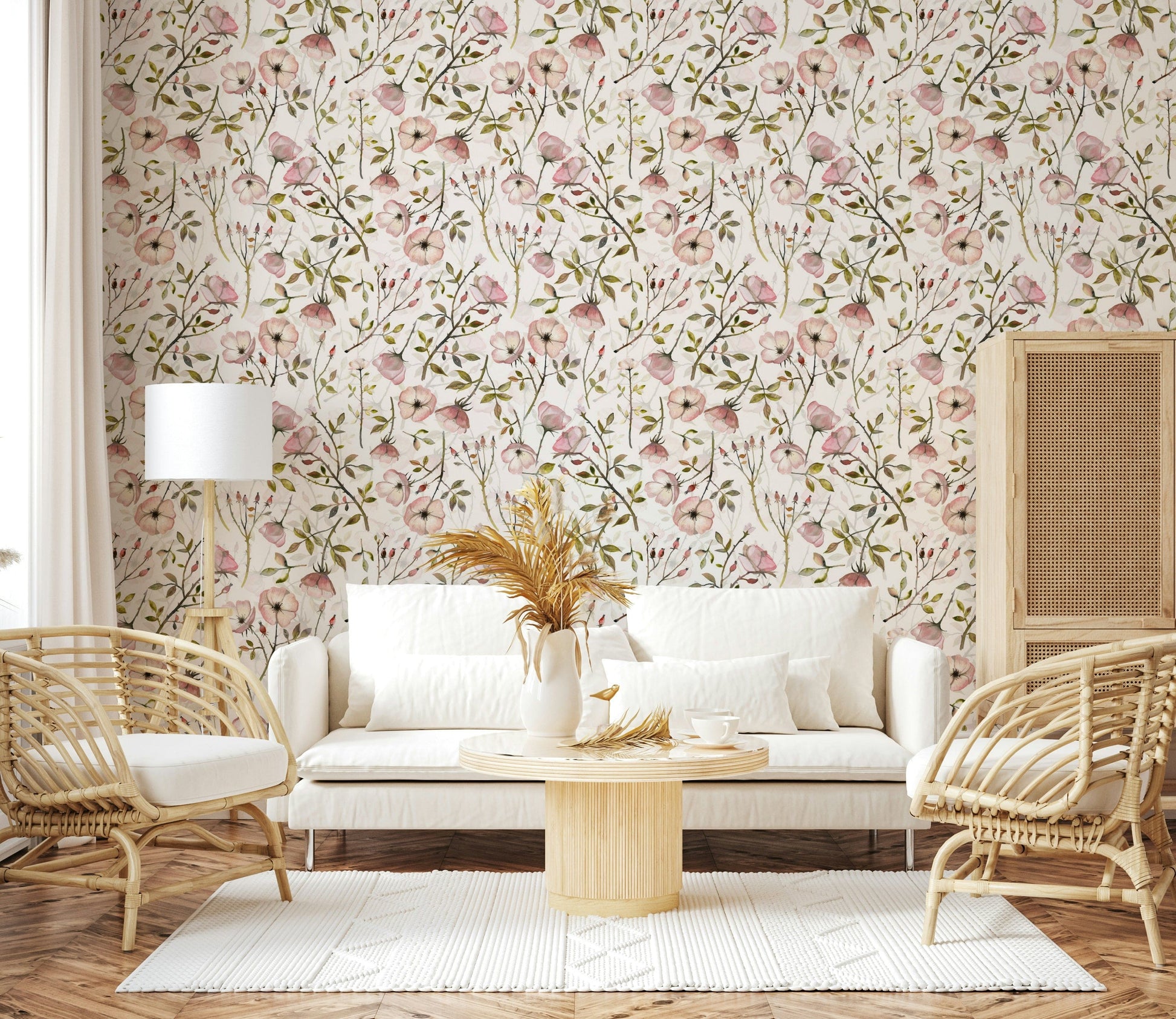 Pink blooms Watercolor Rose Garden wallcovering nature inspired