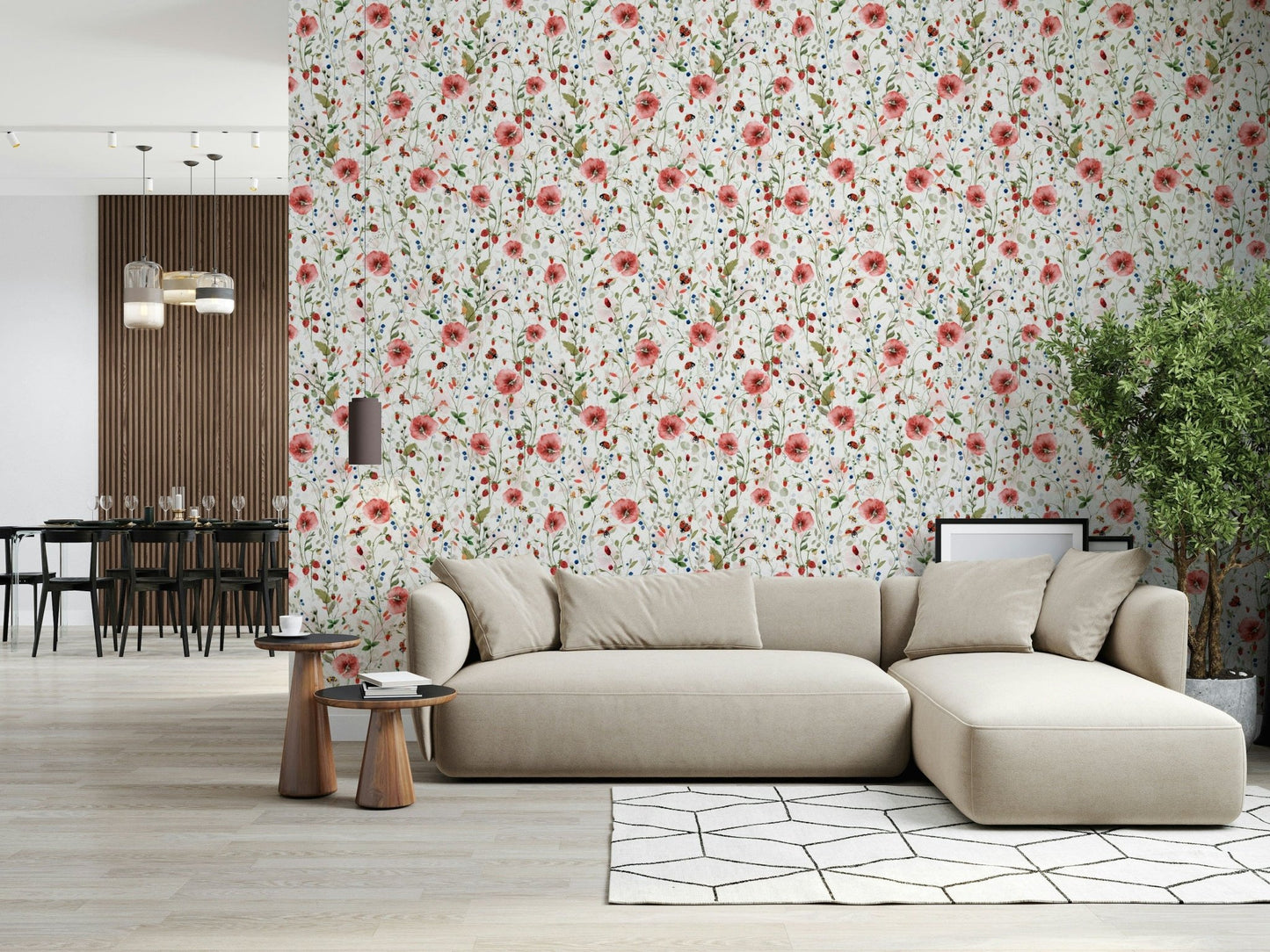 Watercolor Strawberry Flower Meadow vibrant summer meadow wallpaper.