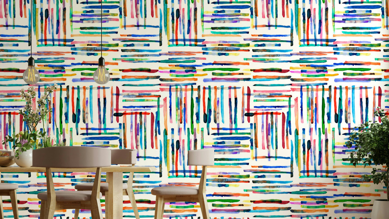 Watercolor Stripes Tile Blue Wallpaper with hand-painted lines.

