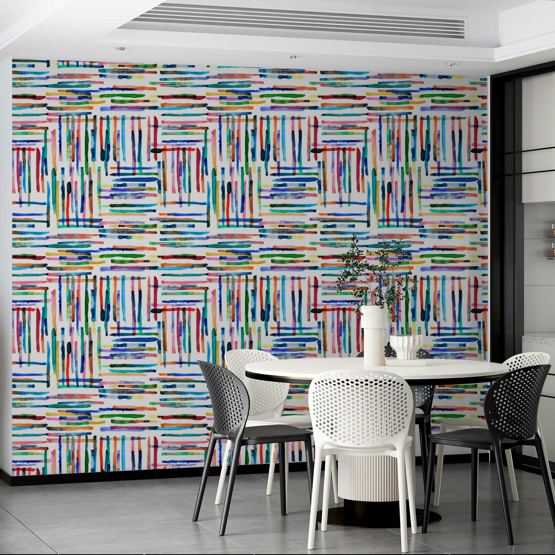 Watercolor-style blue striped tile wallpaper for calm interiors.

