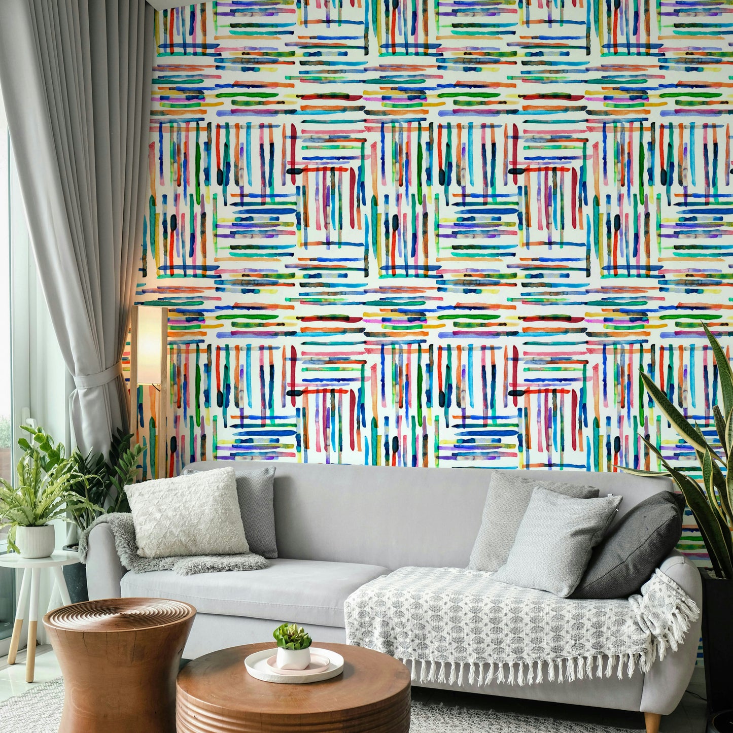 Artistic tile pattern with brushstroke stripes in sky and navy.

