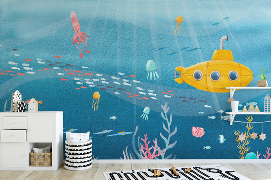 Watercolor Underwater Sea Life wallpaper mural shown as a full feature wall that highlights the design