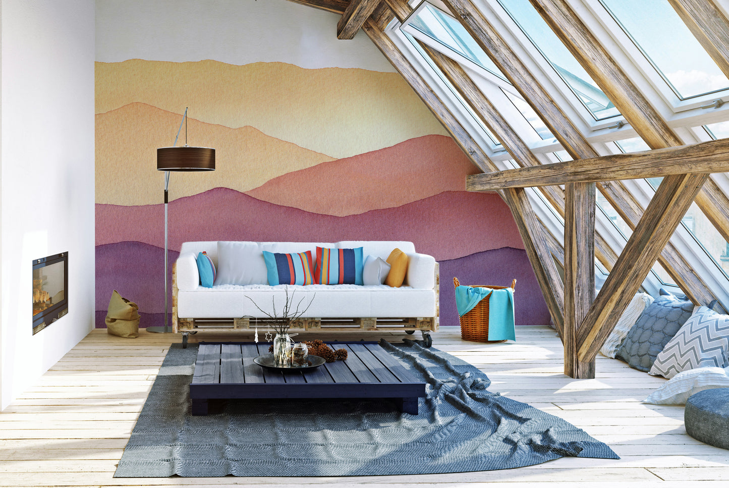 Wavy hand-drawn mountain wall decor style
