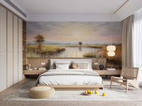Watercolor Wetlands Landscape Lake wallpaper mural of a misty lake at dusk above a low wood platform bed