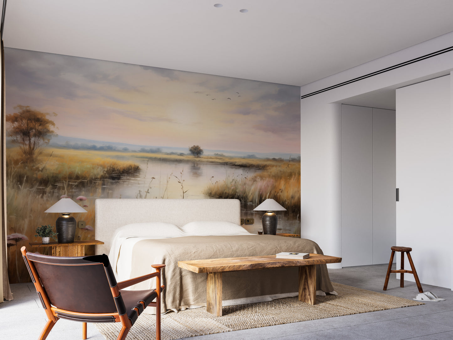 Watercolor Wetlands Landscape Lake wallpaper mural of golden reeds and water behind a cream bed and wood bench