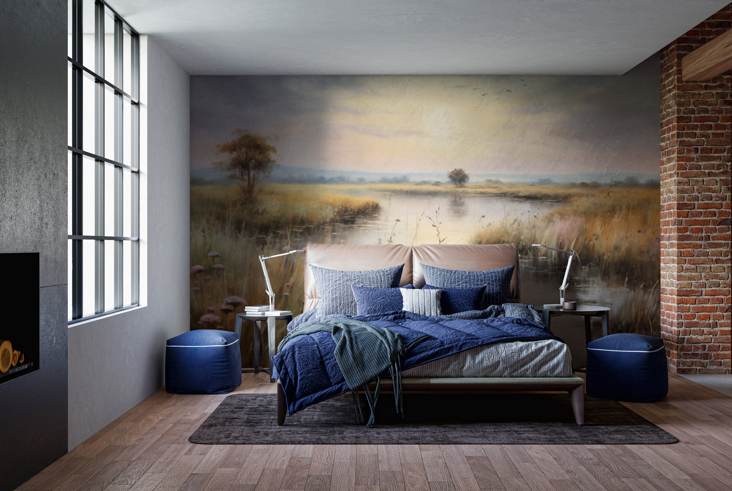 Watercolor Wetlands Landscape Lake wallpaper mural of a sunset lake above a navy blue bed by an exposed brick wall