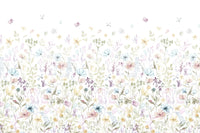 A whimsical wallpaper with scattered watercolor petals and pastel blossoms rising from the bottom.