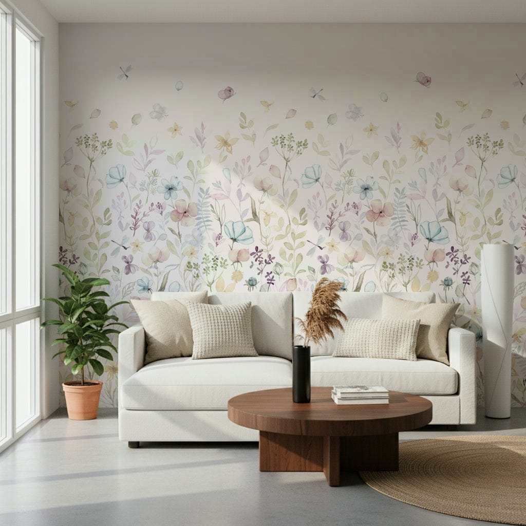 A serene floral wallpaper painted in translucent watercolor shades for a soft spring vibe.