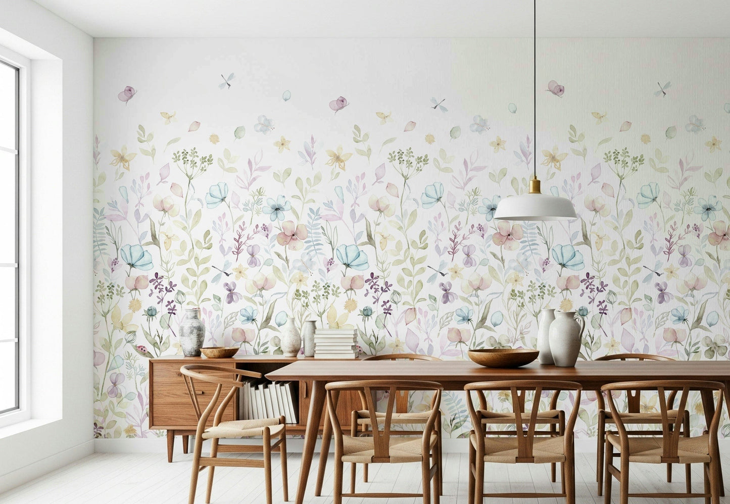 A watercolor wallpaper showcasing whimsical florals in soft pink, blue, lavender, and yellow tones.