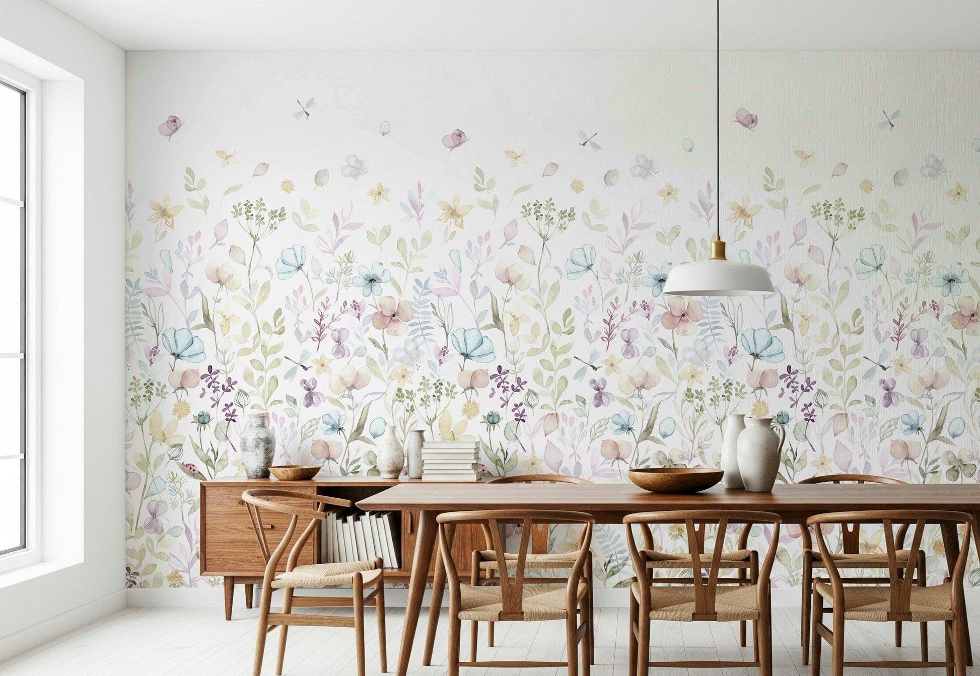 A watercolor wallpaper showcasing whimsical florals in soft pink, blue, lavender, and yellow tones.