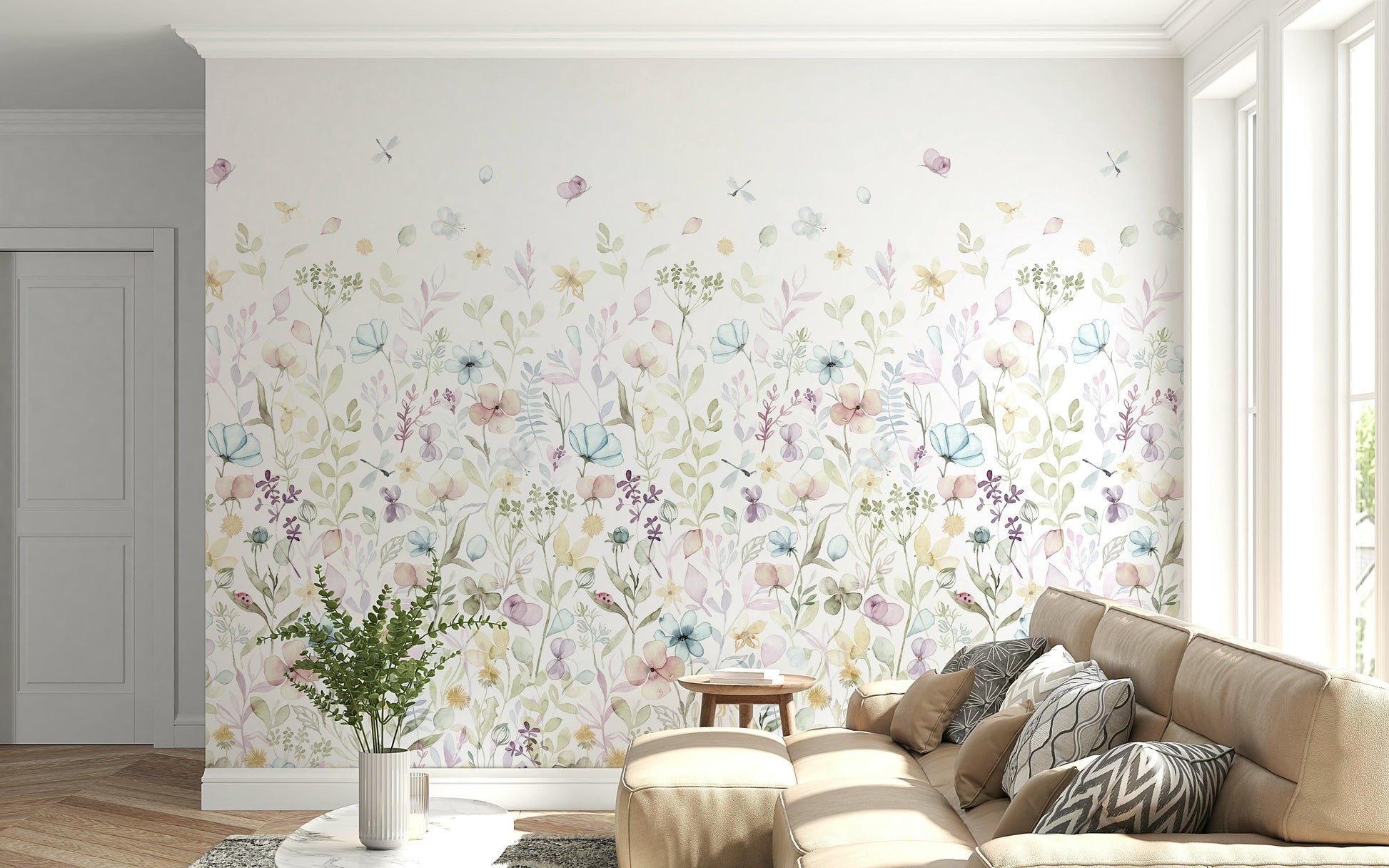 A delicate watercolor floral wallpaper featuring soft pastel blooms and leaves on a white background.