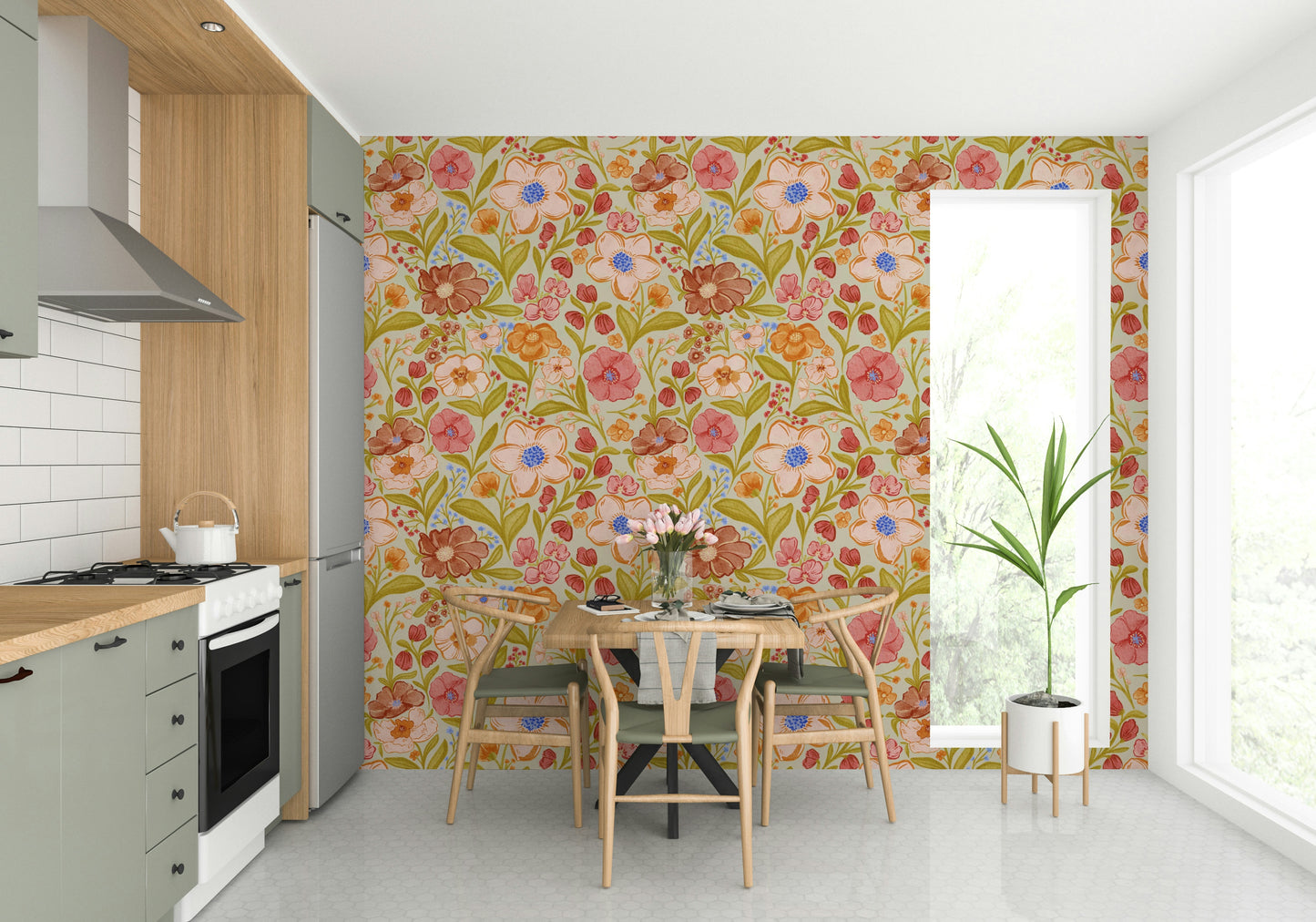 Gentle floral wallpaper with watercolor finish

