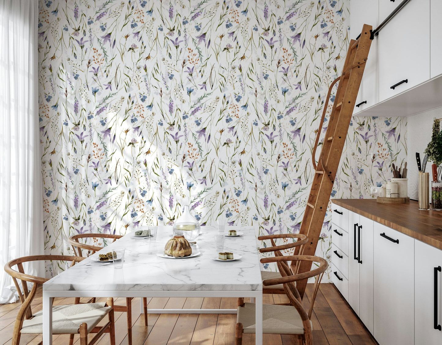 Watercolor Spring Wildflower Meadow, delicate blue and purple floral wall mural.