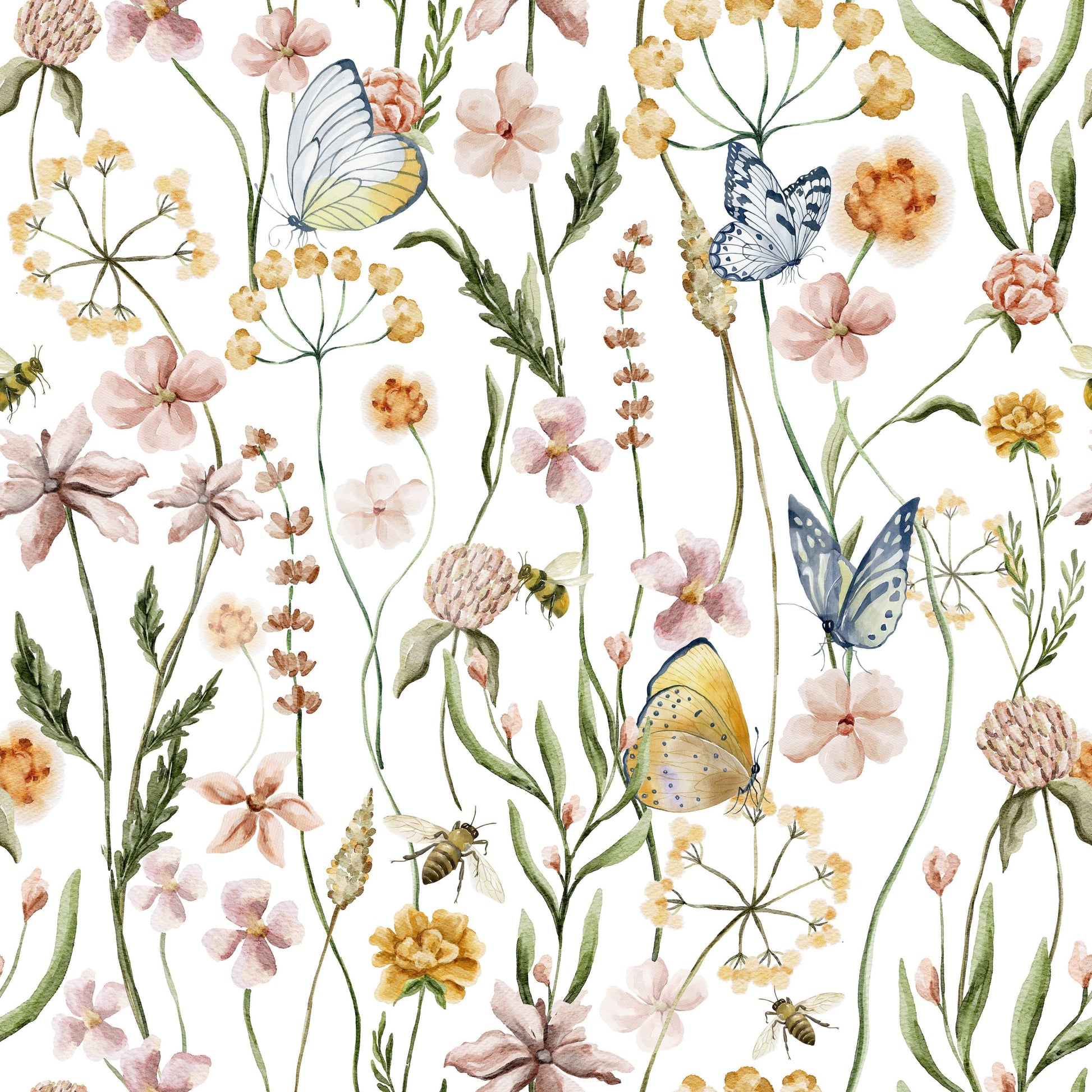 Designer Wildflower Whispers mural, artistic illustration of flora and fauna.