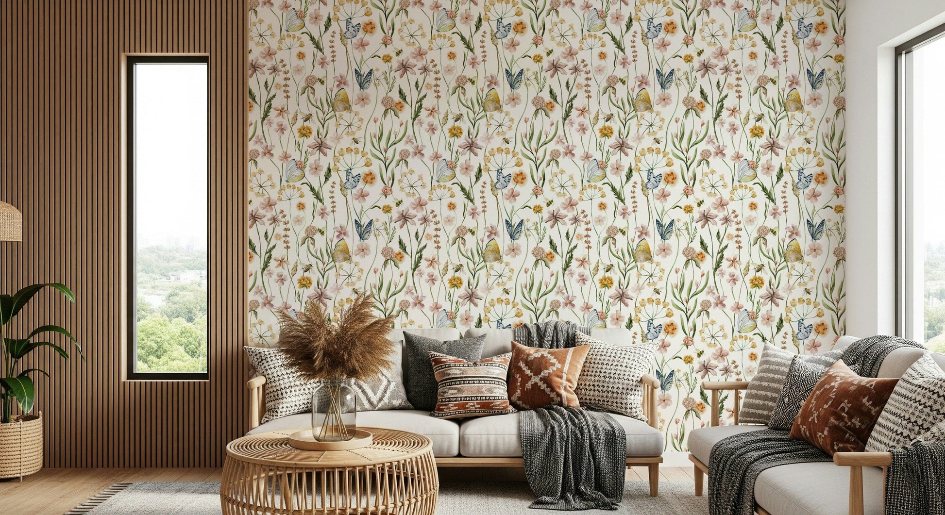 Decorative Wildflower Whispers wallpaper, romantic feminine pattern on white.