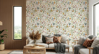 Decorative Wildflower Whispers wallpaper, romantic feminine pattern on white.
