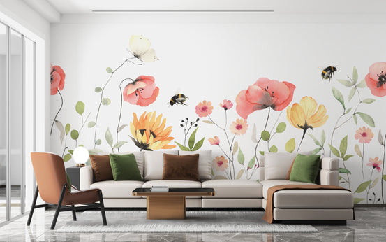 Watercolor Wildflower wallpaper mural shown as a full feature wall that highlights the design