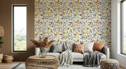 Watercolor Wildflower Whimsy Meadow wall mural, vibrant watercolor floral wall covering.